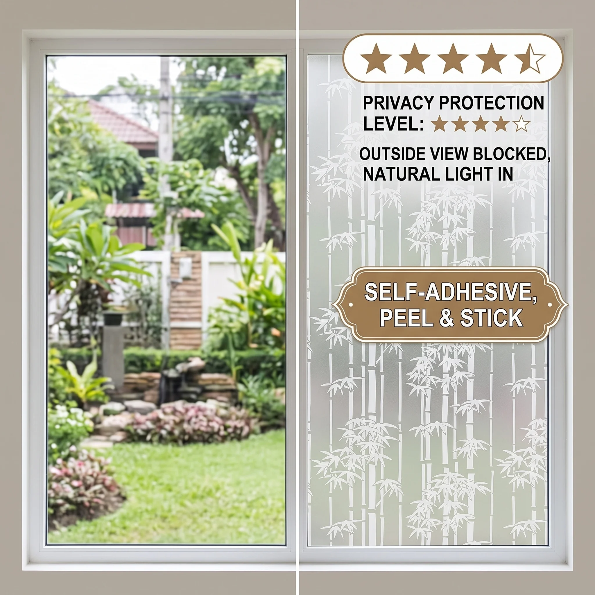 Self‑Adhesive Bamboo Window Film Privacy Glass Sticker Anti‑UV Waterproof Decorative Glass Film for Bathroom Bedroom Home Decora