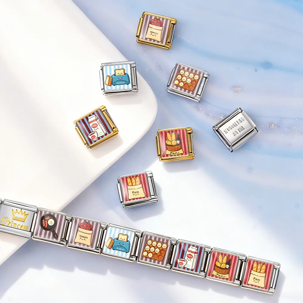 GEMOSA 9mm Italian Bracelet Charms Original Design Cute Food Breakfast Series Beads DIY Stainless Steel Jewelry Links Gift