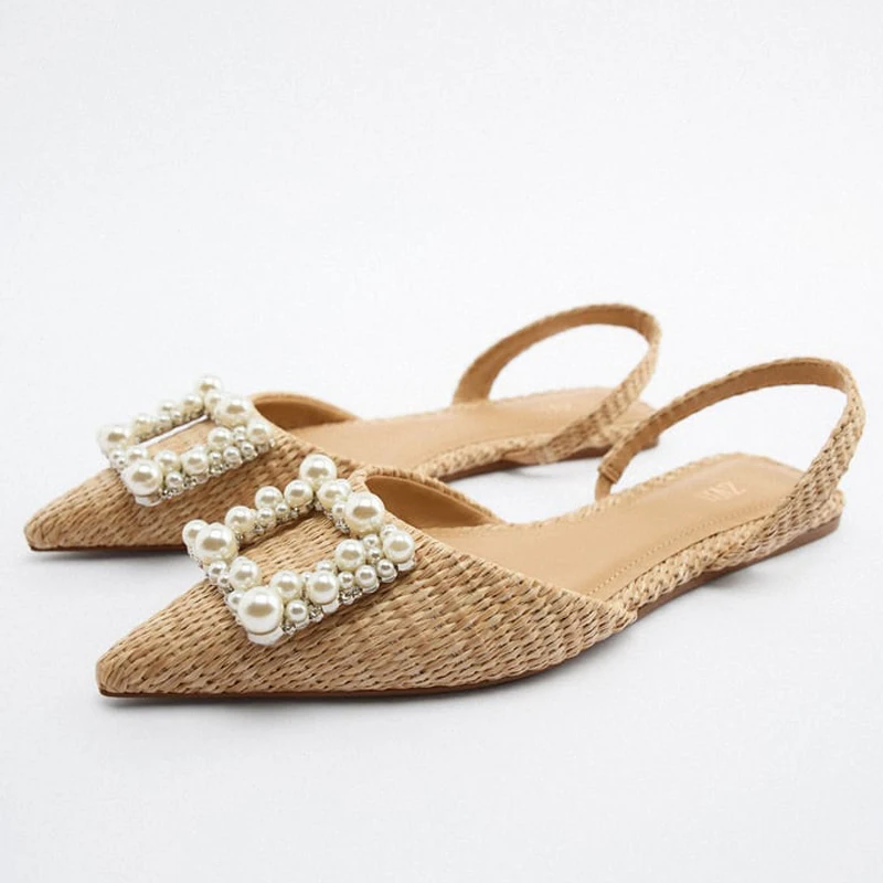 

ZA Women Flat Shoes Pearl Woven Sandals Casual Slingback Beads Shoes 2023 Woman Fashion Pointed Flats Elegant Street Sandals