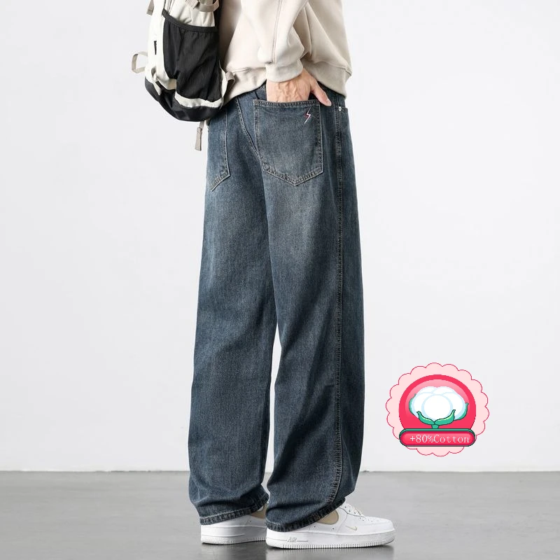 Celana Jeans Pria Lurus Longgar Musim Gugur Celana Denim Dicuci Antik Klasik Pakaian Jalanan Trendi Celana Panjang Lebar Korea Kasual