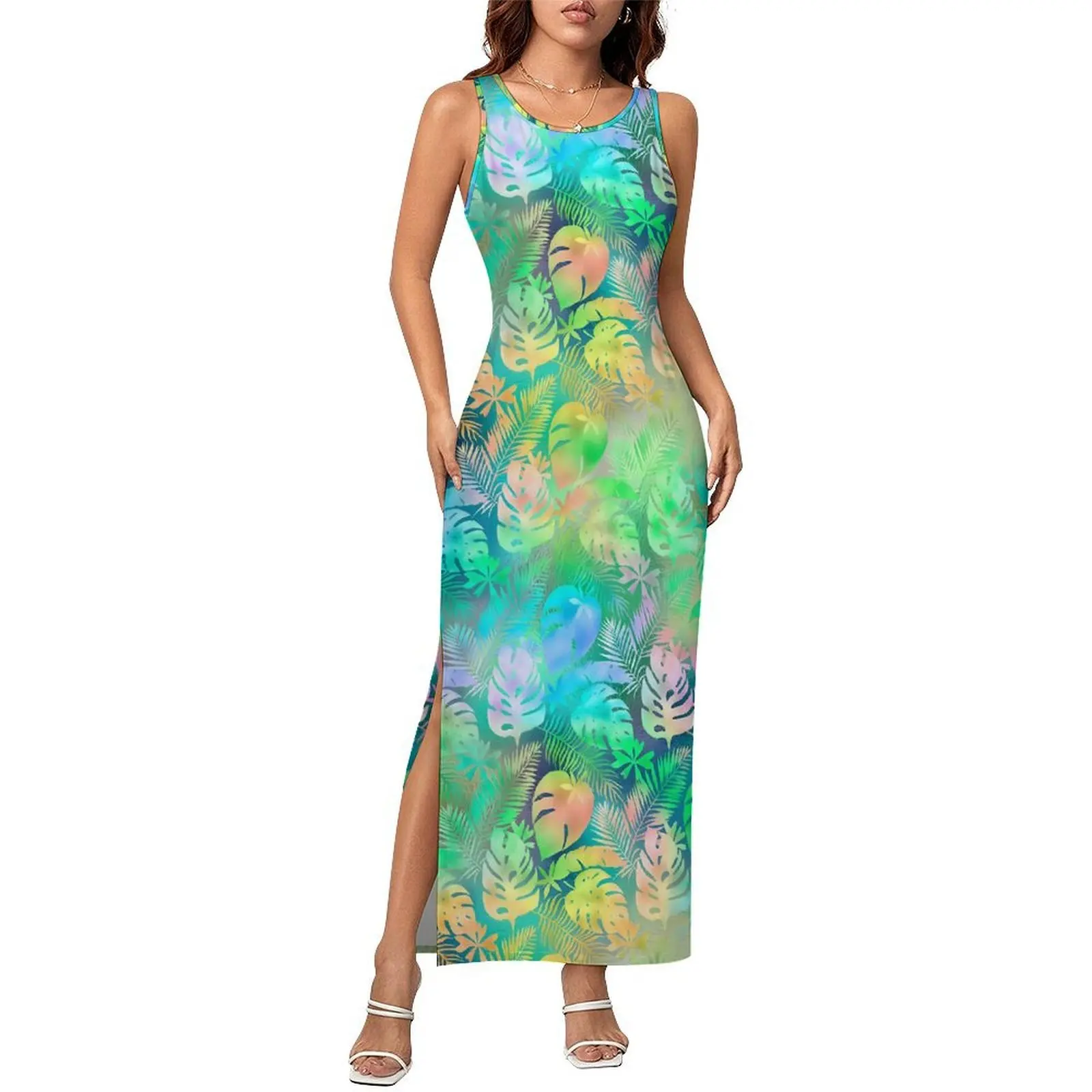 Woman Bodycon Dress Club Sexy Tropical Maxi Dresses Summer Colorful Palm Leaves Sleeveless Fashion Pattern Dress Big Size 4XL