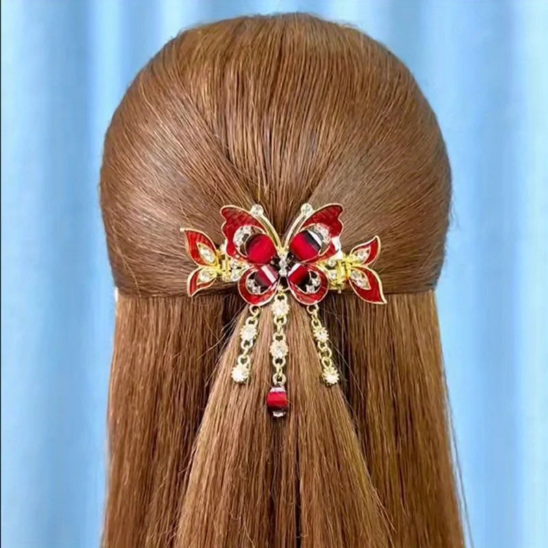 National Wind Rhinestone Hairpin Cross Clip Crab Clip Back Of Head Headdress Butterfly Tassel Hair Grasp Clip Elegant Temperamen