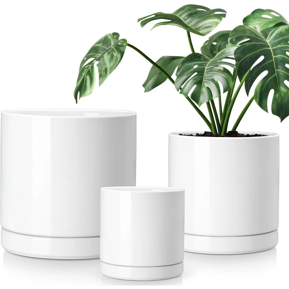 Ceramic Planters for Indoor Plants, 6.25+8.25+10.25 Inch Pots, Drainage Holes, Set of 3, White
