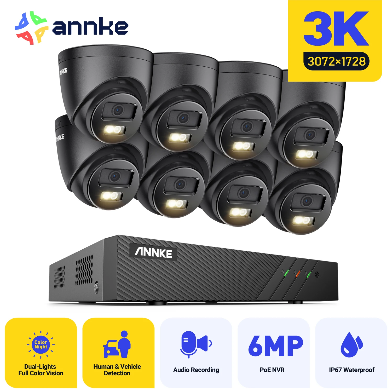 

ANNKE 3K Security Camera NVR System,4pcs Camera Smart Dual Light Color Night Vision POE Home Surveillance Camera CCTV Kit