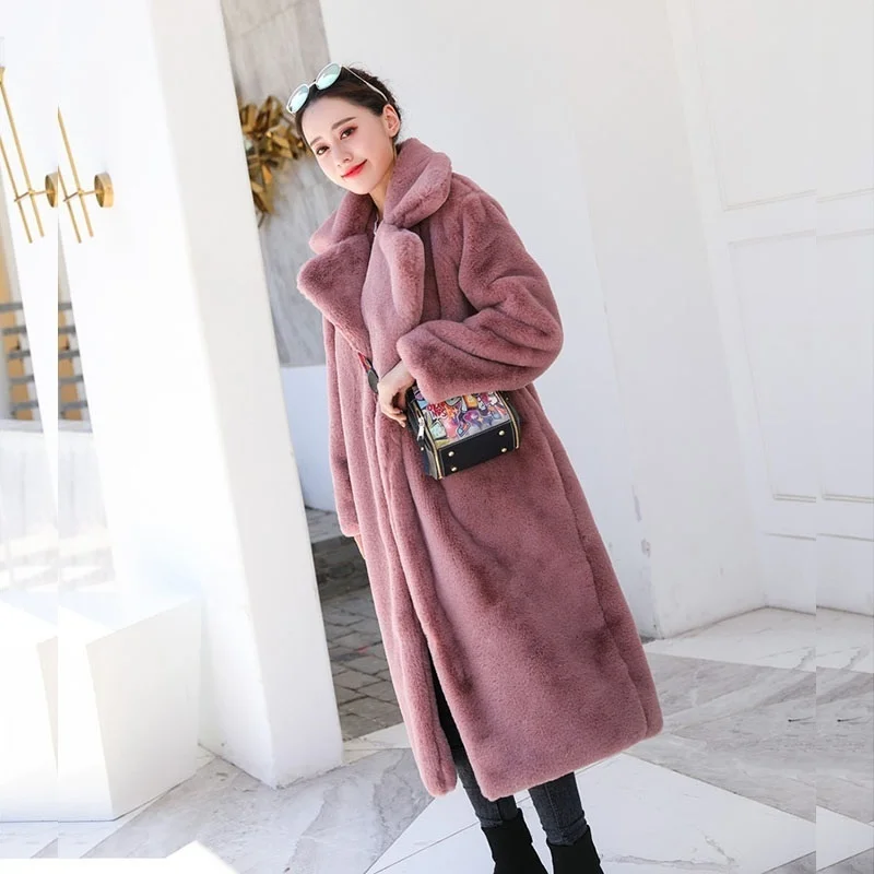 2024 Women Winter Warm Faux Fur Coat Thick Long Turn Down Collar Female Long Sleeve Imitation Rabbit Fur Outwear Casaco Feminino