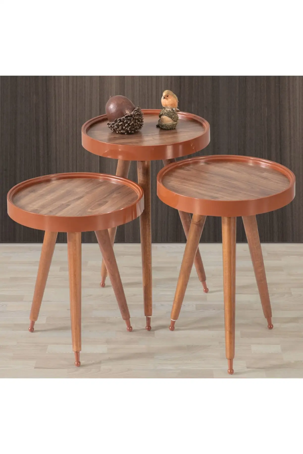 3'lü Holz Runde Zigon Kaffee Tisch Nussbaum Pollen Lux Flip C6