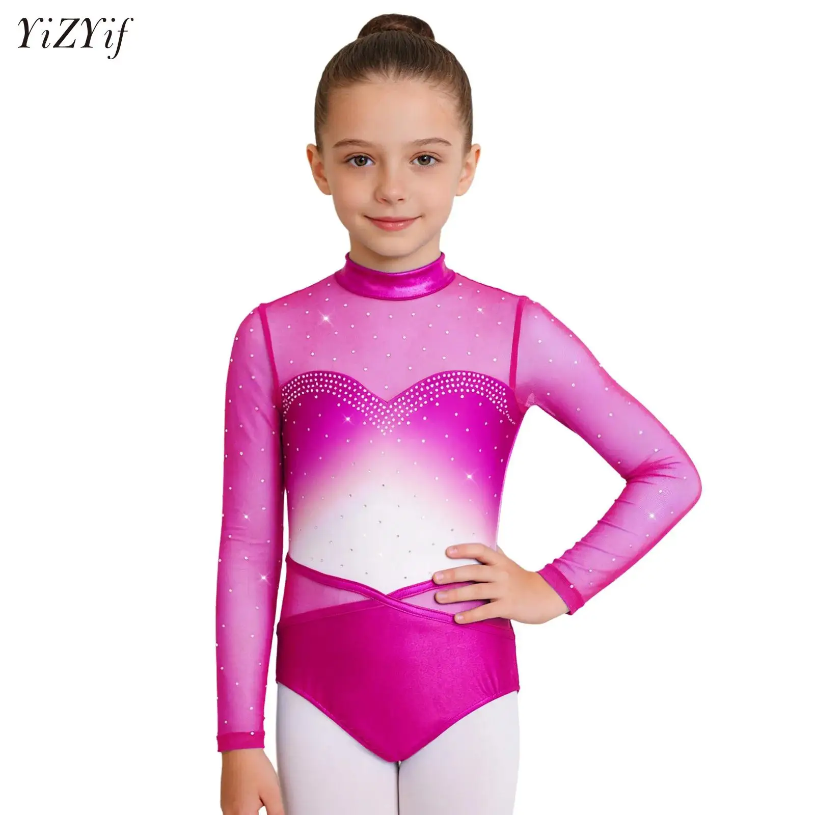 

Girls Rhinestone Gymnastics Ballet Leotard Long Sleeve Mesh Bodysuit Figure Skating Competitions Clothes Athletic Bodysuit