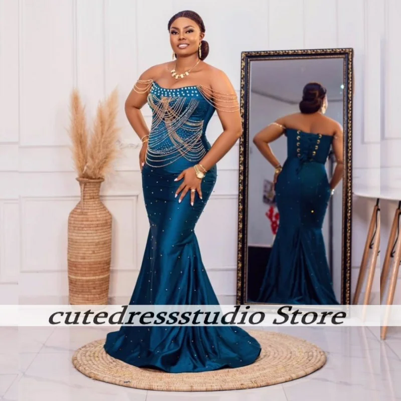 

African Elegant Off The Shoulder Long Mermaid Evening Dresses Luxury Beaded Tassel Prom Dress Wedding Party Gowns Customized