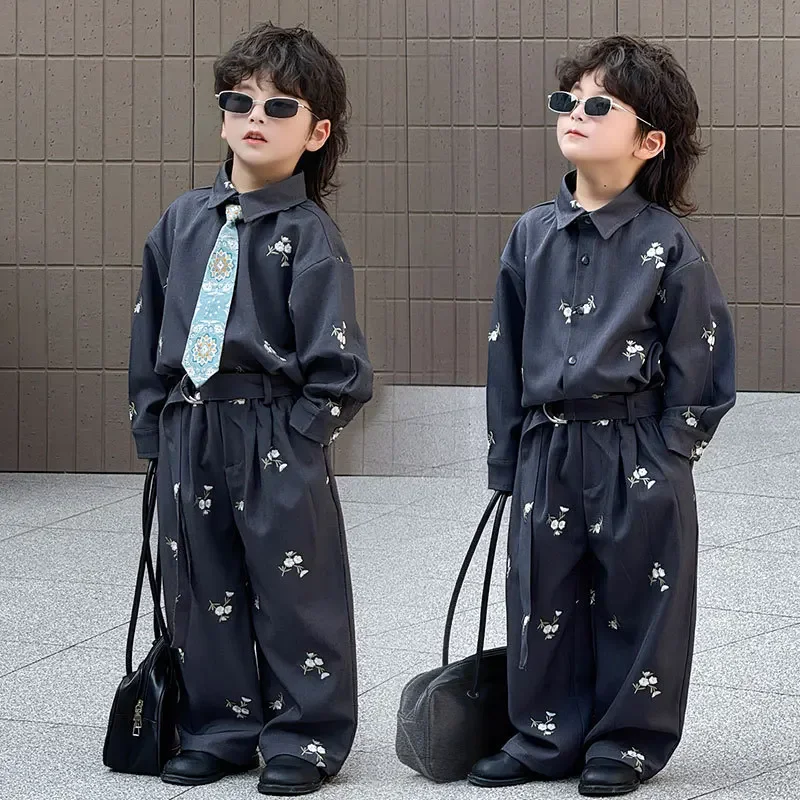 

School Girls Shirt Set Trendy Floral Embroidered Blouse Wide Leg Pants Suit Boys Casual Outfits for Kids Spring & Autumn Clothes