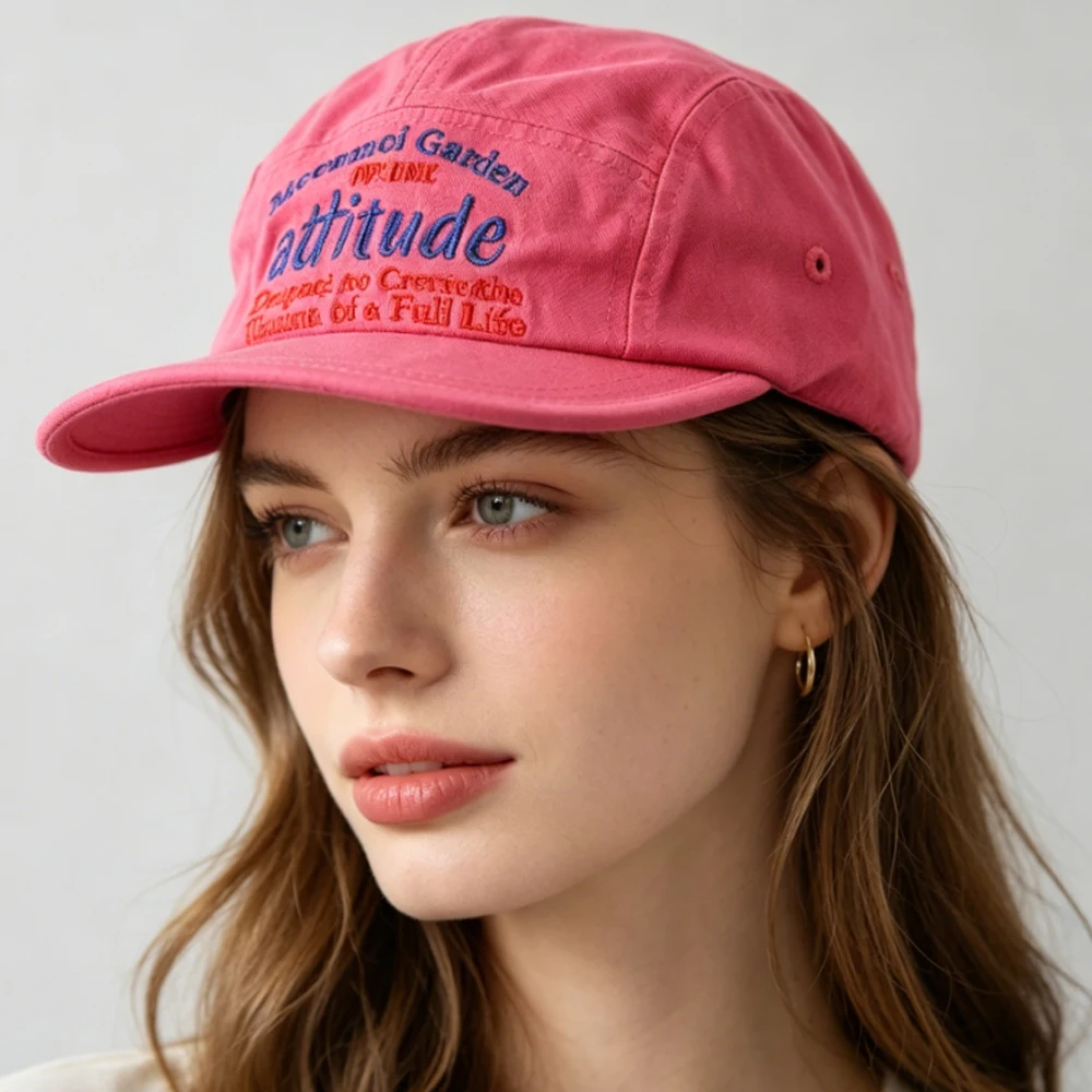 Vintage Washed Pink 5 Panel Camp Hat for Women Colorful Letter Embroidery Soft Flat Brim Baseball Cap Adjustable Casual Street