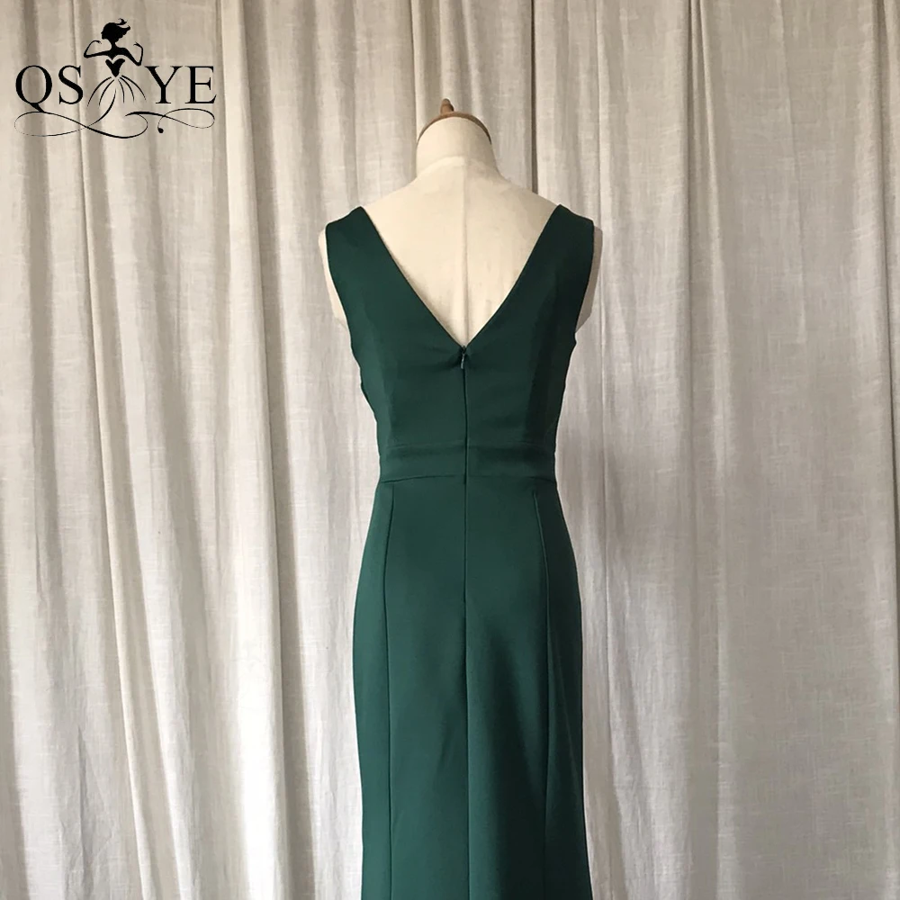 Simple Green Bridesmaid Dresses Elastic Satin Sexy Open Split Formal Evening Gown V Back Ruched Mermaid Emerald Prom Party Dress