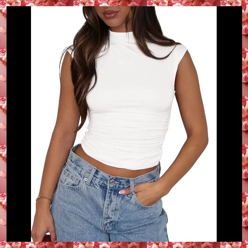 เสื้อครอปแขนกุดสําหรับผู้หญิงคอจําลอง Ruched เสื้อกล้าม Y2k ออกไปเสื้อ Solid Slim เสื้อพอดีตัว