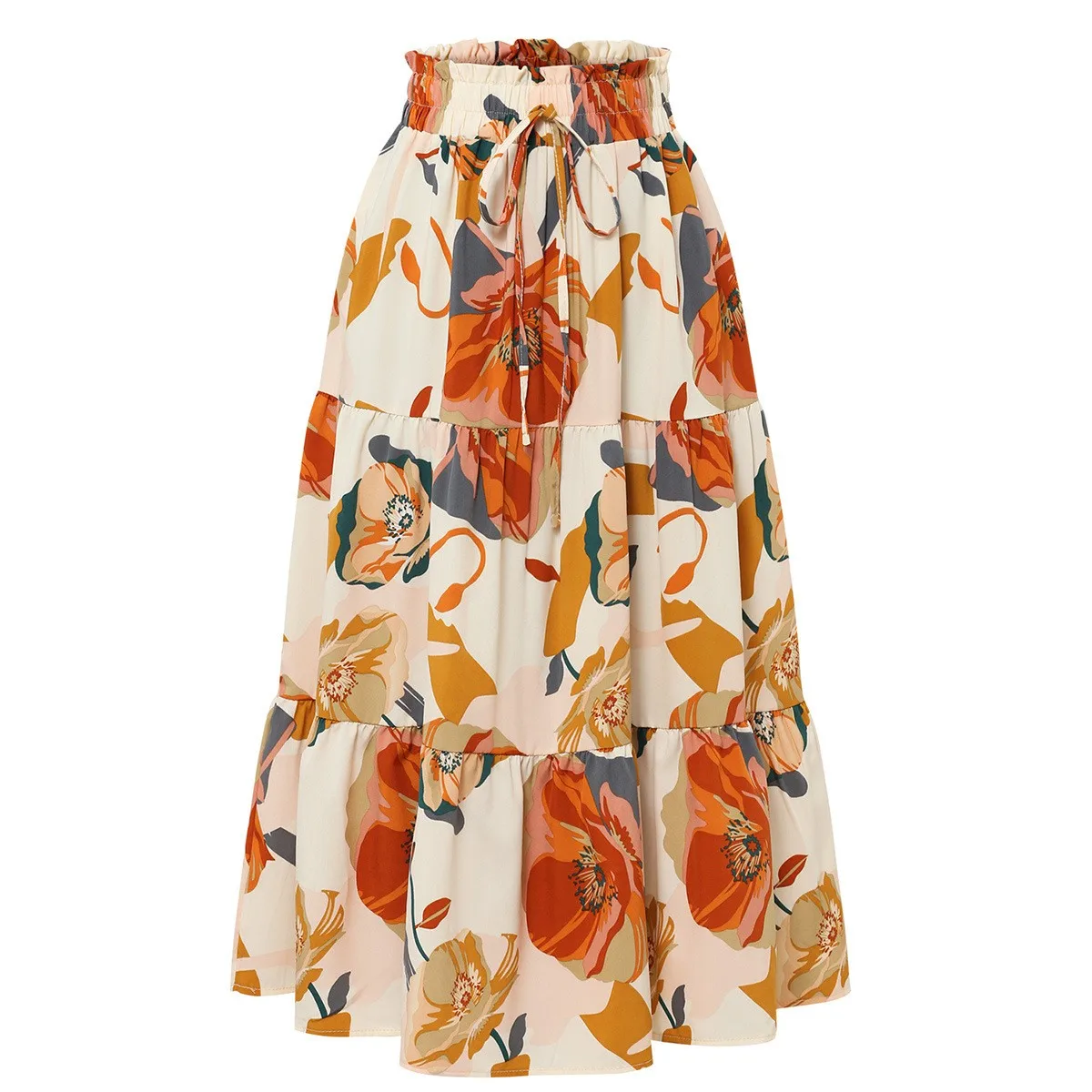 Women's Long Midi Floral Print Elastic Waist Tiered A Line Maxi Skirt Orange Floral Burgundy Pleated Ruffled Tier Cream Base