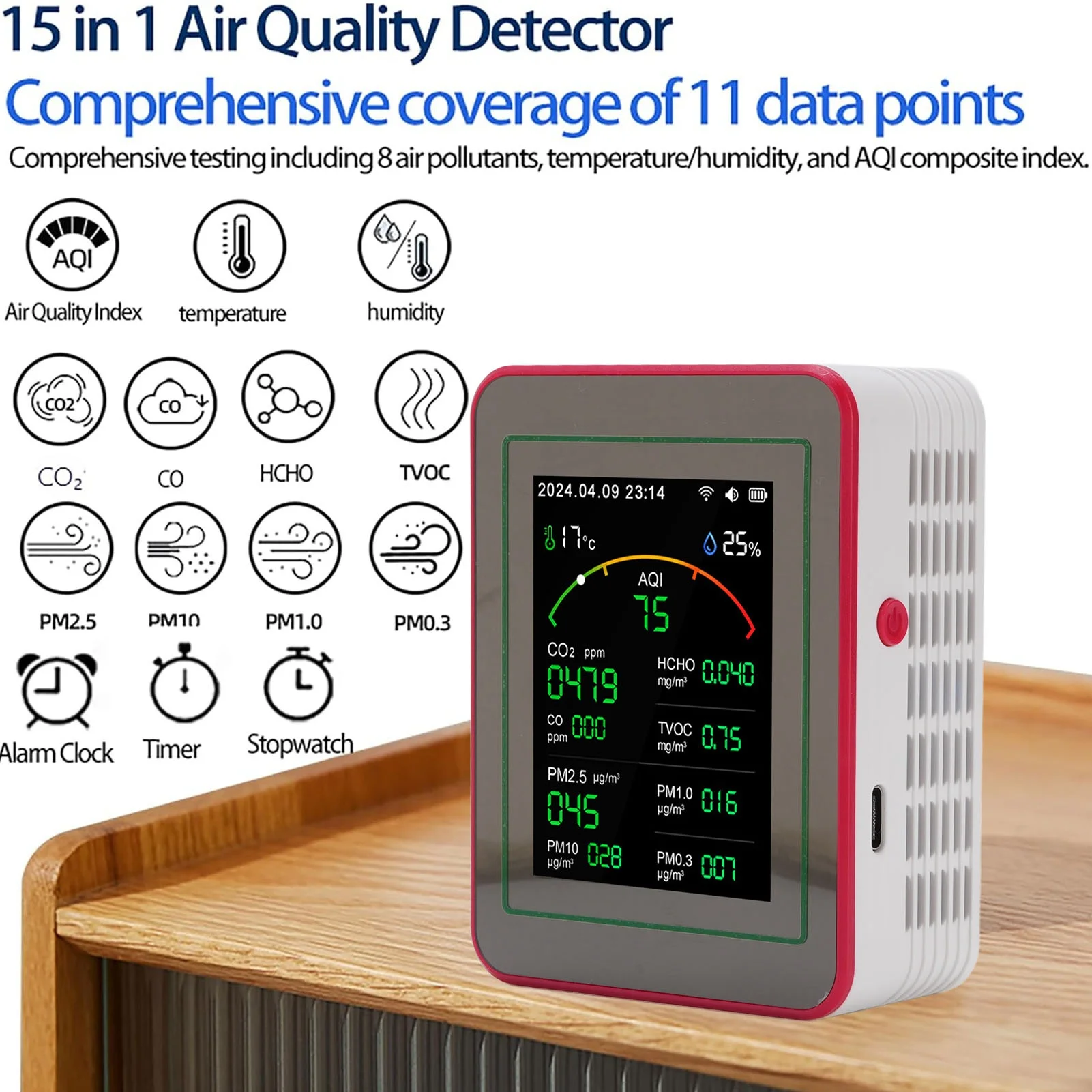 

Portable Air Quality Meter Type C Charging Battery Powered Air Quality Meter Tester Accurate Reading with Data Storage for Home