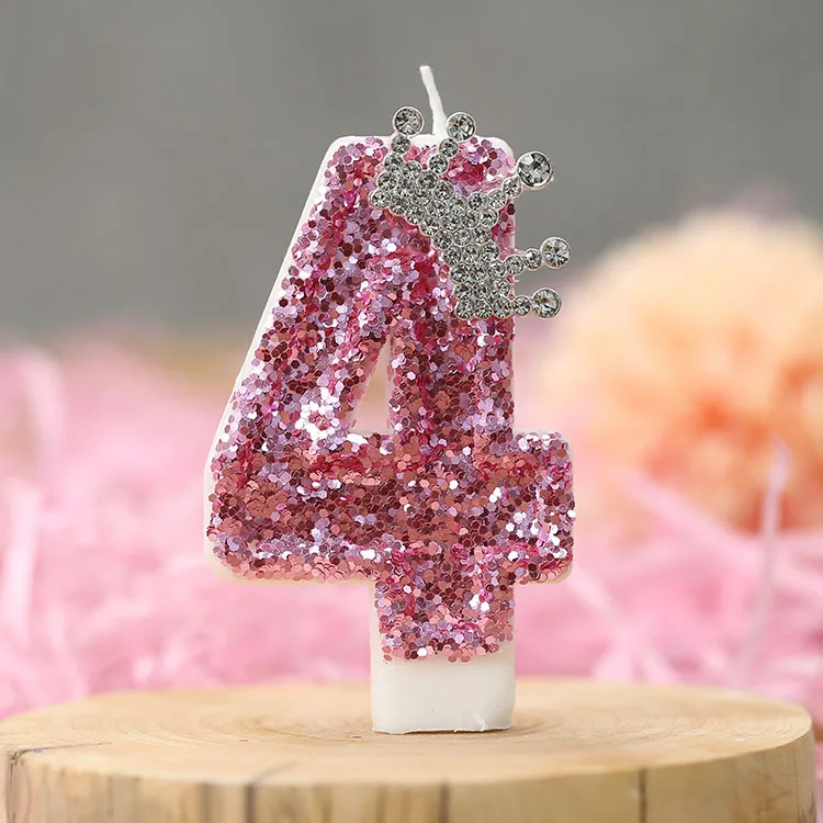 Rosa Krone mit Pailletten-Geburtstagskerzen für Kuchen, Glitzer-Zahlenkerzen 0-9 als Kuchenaufsatz für Frauen-Geburtstagsfeiern. – Detail 6