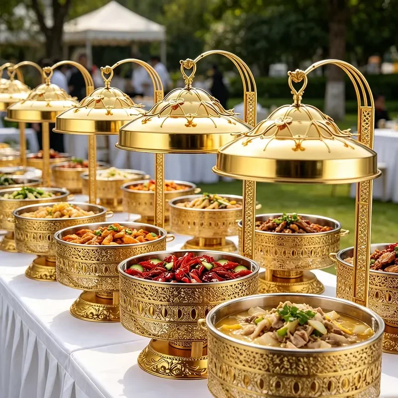 8L Gold Stainless Steel Round Insulation Pot with Hanging Lid Buffet Food Heater Alcohol Fuel Hotel Catering Server