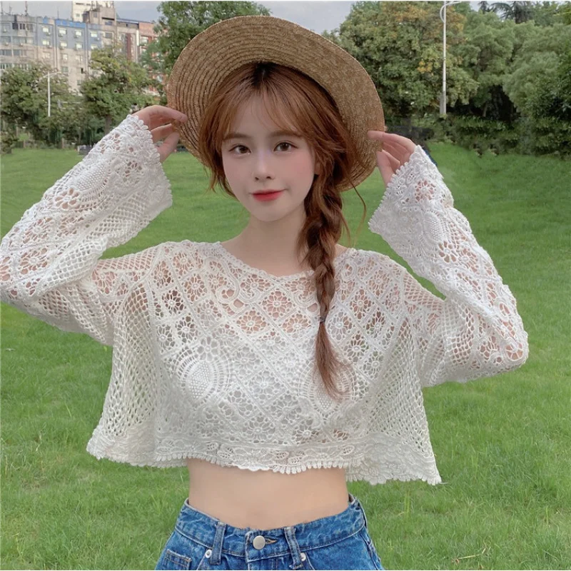 Summer Sweet Cutout Thin Knitted Sun Protection Loose Short Blouse Lace Shirt for Women Wholesale