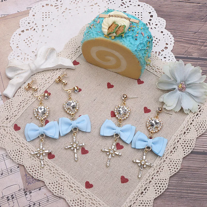 Pendientes de lazo azul claro y suave, Clips para sin piercing en la oreja, pendientes de amor cruzados con diamantes de imitación para mujer, pendientes con aguja de plata 925