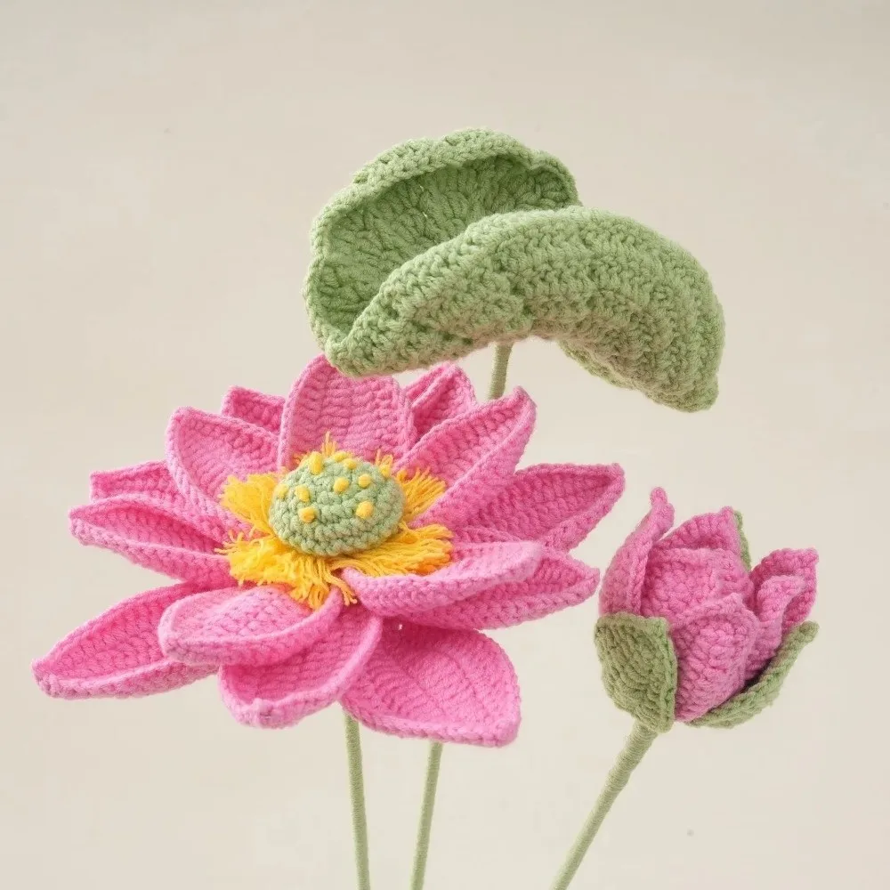 Finished Handwoven Crochet Lotus Flower Artistic Lotus Bud And Leaf Artificial Plant Decor Handcrafted Crochet Woven Flowers