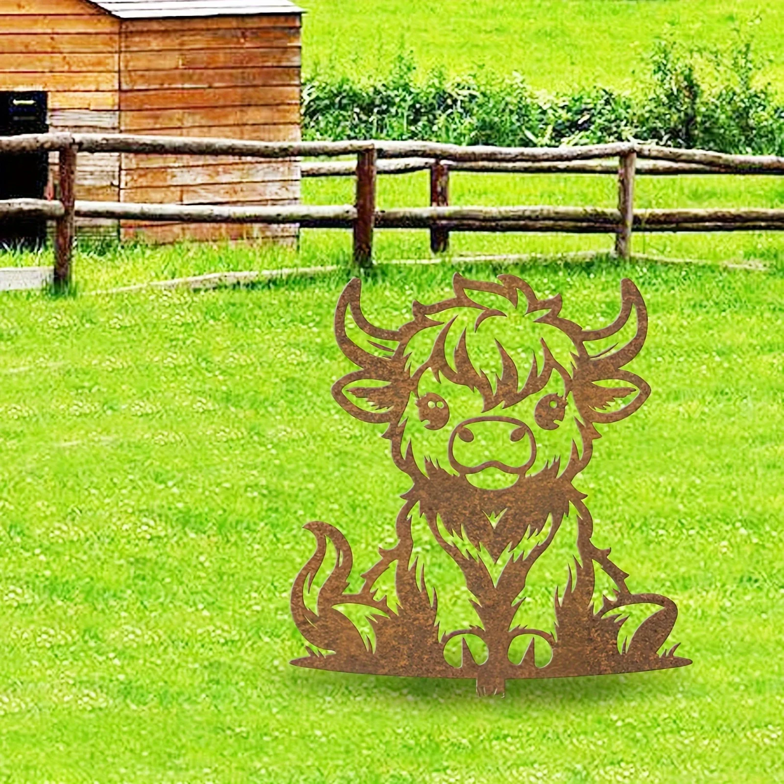【2D Flat】Rustic Metal Cow Lawn Stake - Rusty Cartoon Animal Ground Insert for Garden & Patio - Weatherproof Farmhouse Gift