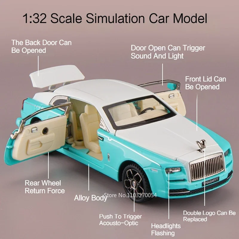 1/32 Rolls-Royce Wraith Car Model Toys Diecast Alloy Vehicle 4 Doors Opened Rubber Tire Sound Light Pull Back Toy Gifts for Kids