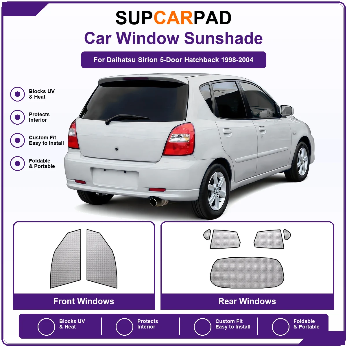 For Daihatsu Sirion 5-Door Hatchback 1998-2004 Pre‑Cut Auto Window Sunshade Anti‑UV Car Sun Visor Protector
