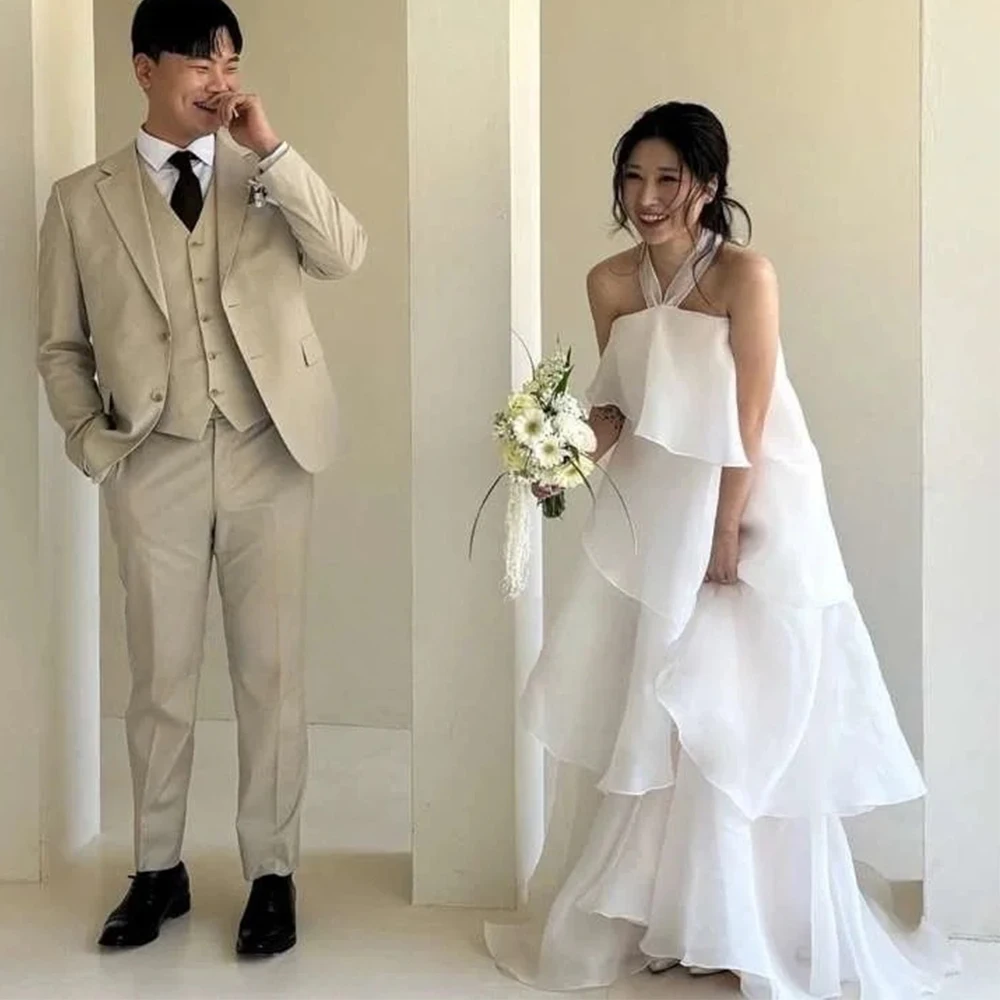 

Sondr Холтер Элегантные корейские свадебные платья Индивидуальные шелковые многоуровневые вечерние платья из органзы Свадебные платья длиной до пола