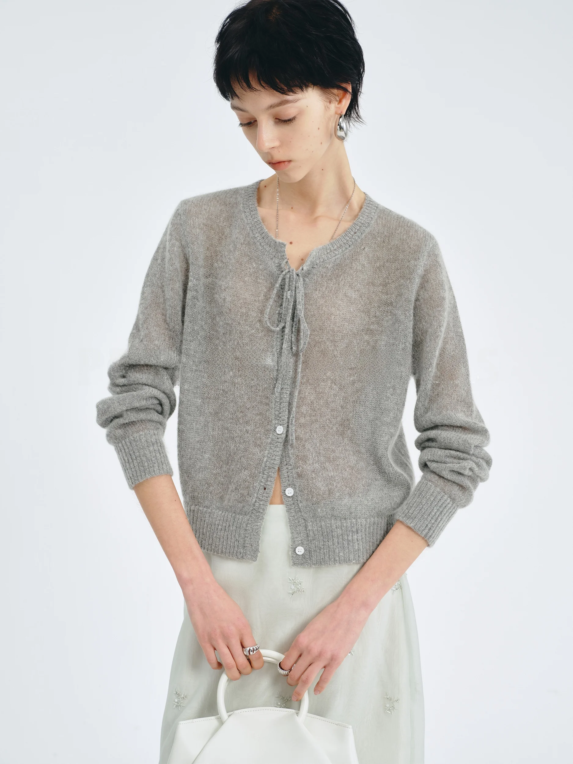 

PRE PREWORKS Spring Summer Light Wool Blend ort Knitted Cardigan with Belt Breathable Women's Faion Commute Sle
