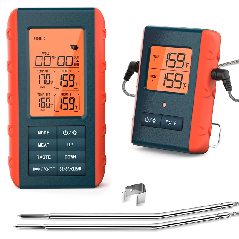 

BBQ Dual Probe Temperature Monitor HD HTN Digital Backlight Display Screen 490Ft Wireless Connection ABS+TPE For Outdoor BBQ