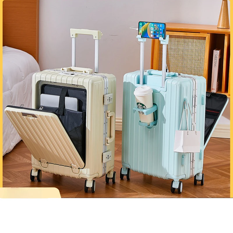 Front Opening Suitcase Aluminum Frame Business Trolley Case Universal Wheel Luggage USB Charging Port with Folding Cup Holder