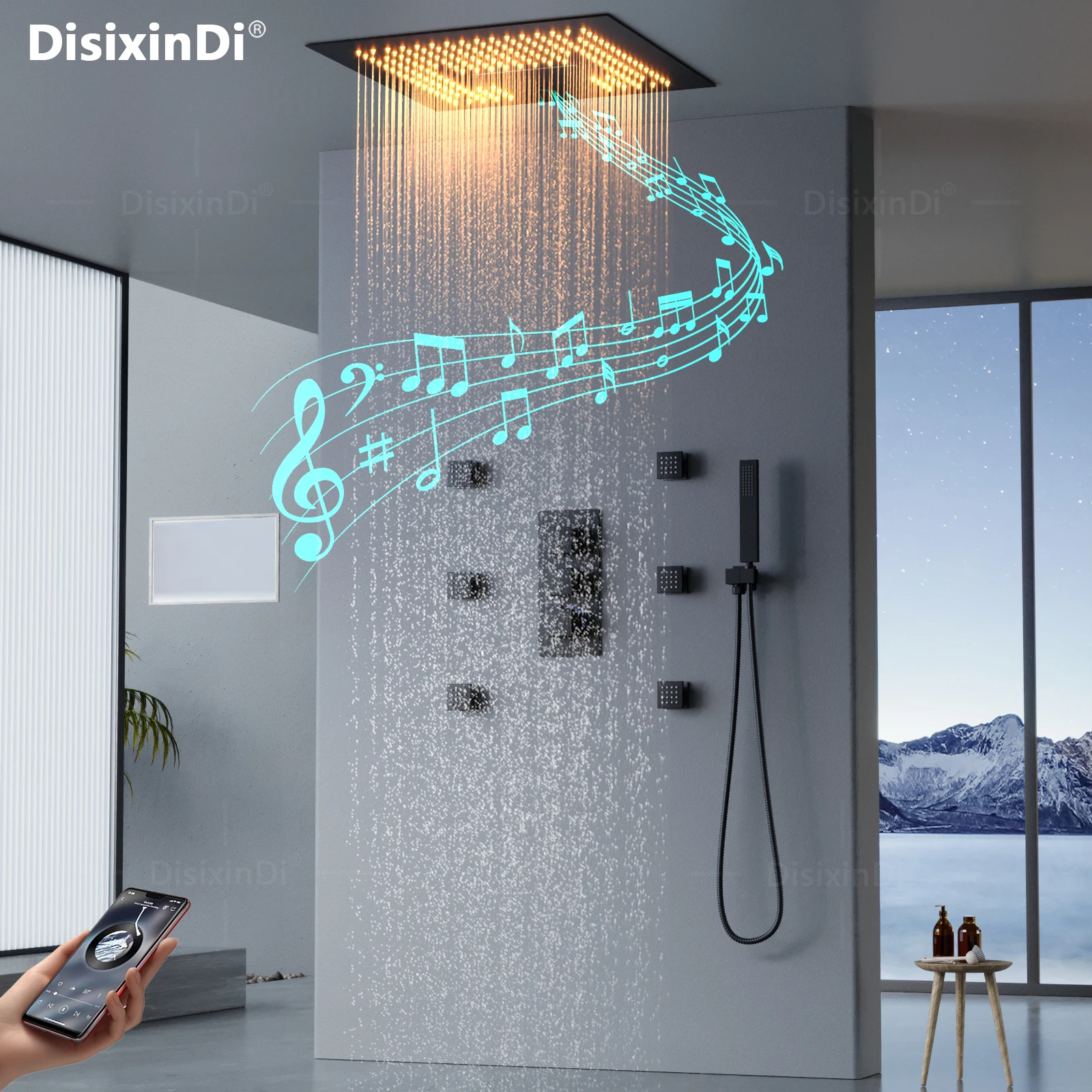 Ceiling Embedded Shower System 16 Inch LED Music Rain&Waterfall Shower Head Bathroom Black Thermostatic Shower Faucet Set