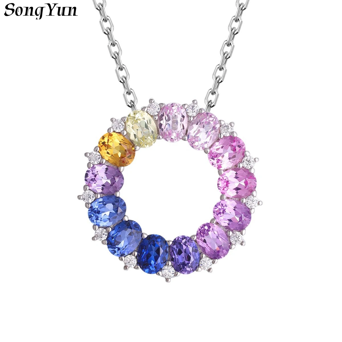 SONGYUN Lab Grown Gemstones Jewelry Women's Rainbow Sapphire Halo Pendant Necklace, S925 Sterling Silver
