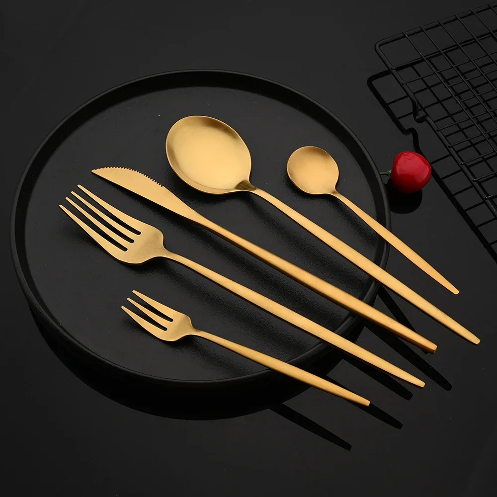 6Pcs Wstern Gold Matte Cutlery Set Stainless Steel Dinnerware Flatware Kitchen Home Dessert Fork Spoon Knife Set Tableware Set