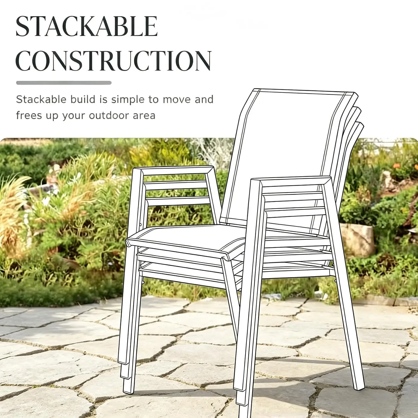 Stackable Patio Chairs Set of 6, Outdoor Dining Chairs with High Back & Metal Frame, Lightweight Sling Chair for Lawn Garden