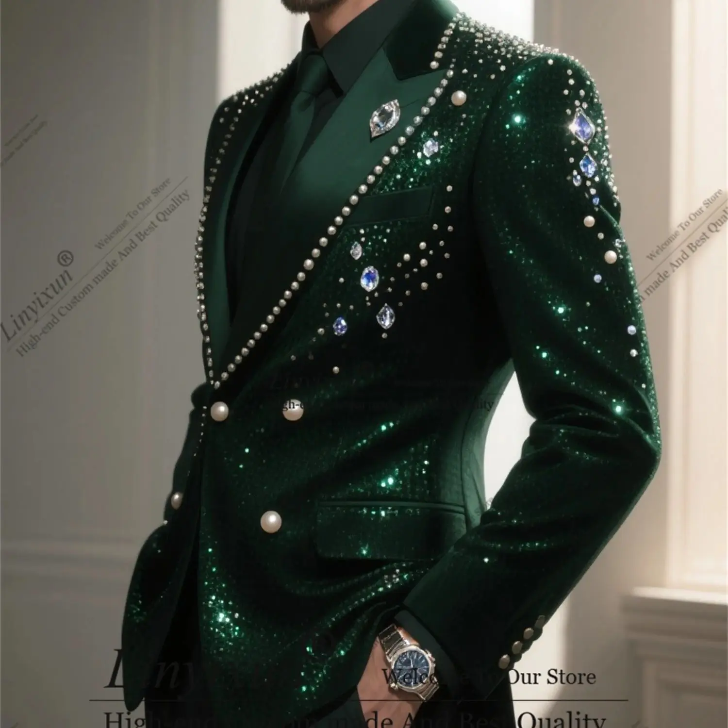 

Elegance Crystal Diamond Men Suits Customized Slim Fit Wedding Tuxedos Handsome Sequins Ropa hombre 2 Pieces Groom Male Blazers