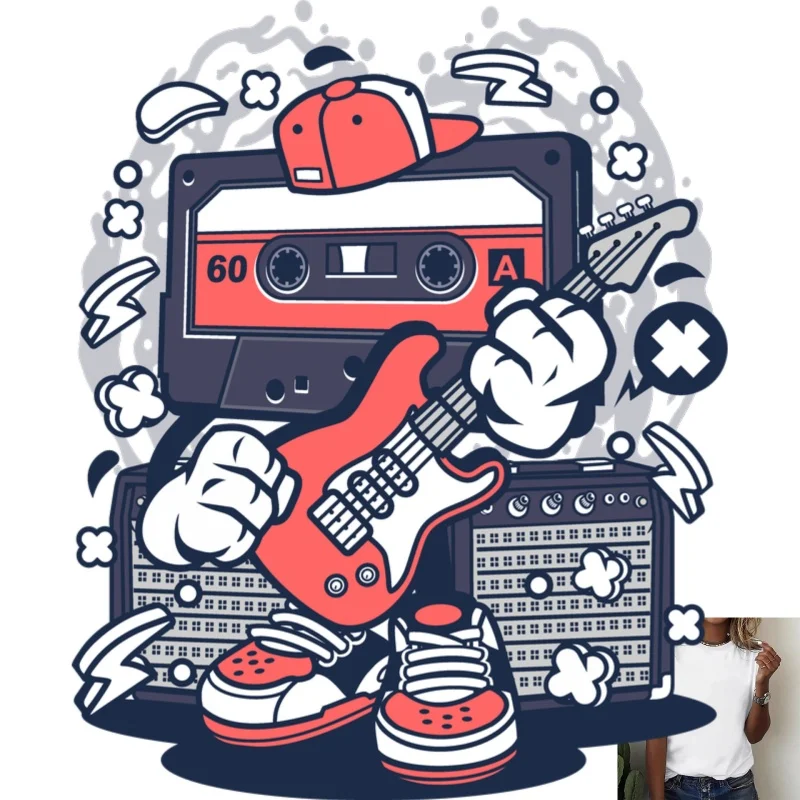 Trendy Music Element Heat - Transfer White Ink Iron - on Patch, Cassette Guitar Sneaker Pattern, Suitable for T - shirts &