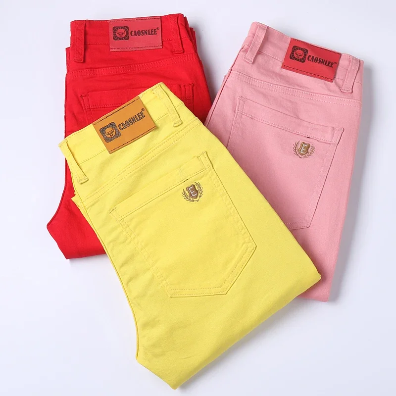 Pantalones vaqueros de estilo clásico para hombre, Vaqueros elásticos ajustados de marca, color rosa, rojo y amarillo, moda de negocios, novedad de