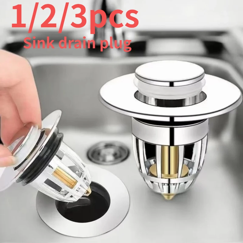 Filtro universal de desagüe con rebote, tapón emergente cromado para lavabo con atrapapelos, tapón de desagüe para lavabo de baño, fácil de instalar, 1/2/3 piezas