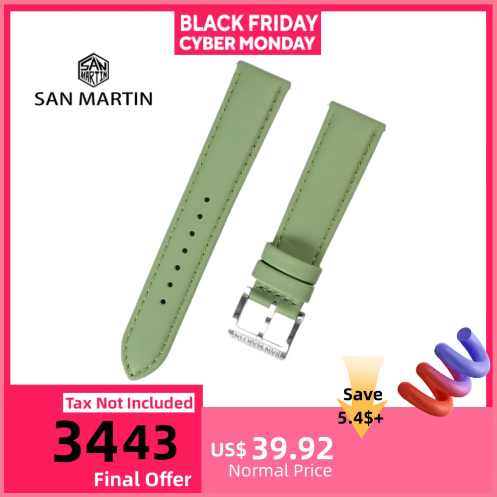 San Martin 20mm Pillowy Soft Swift Leather Strap For Mechanical Watches Band With 316L Pin Buckle Quick Release BD0011