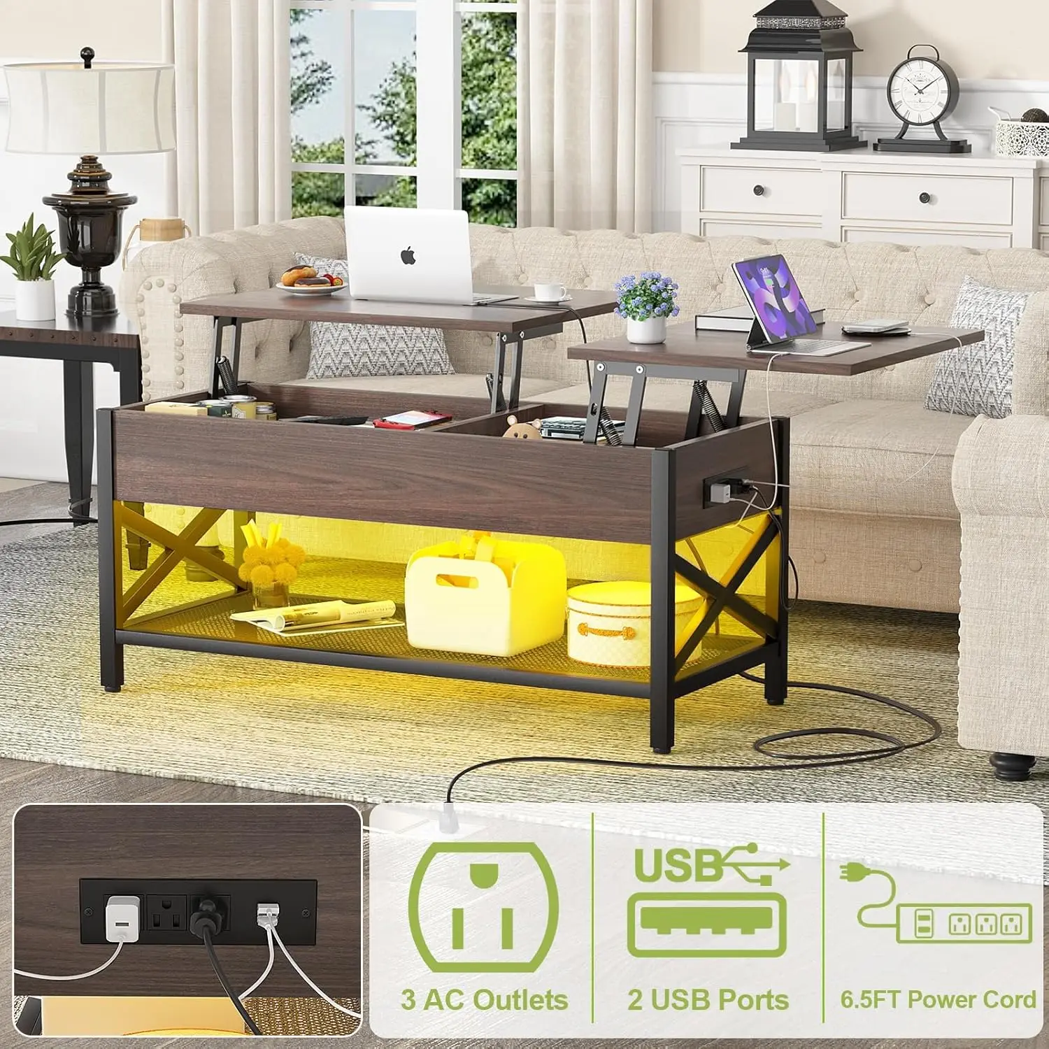 Aheaplus Coffee Table, Lift Top Coffee Table with LED light and Power Outlet, Modern Lift-Top Table with Storage Shelf, Center T