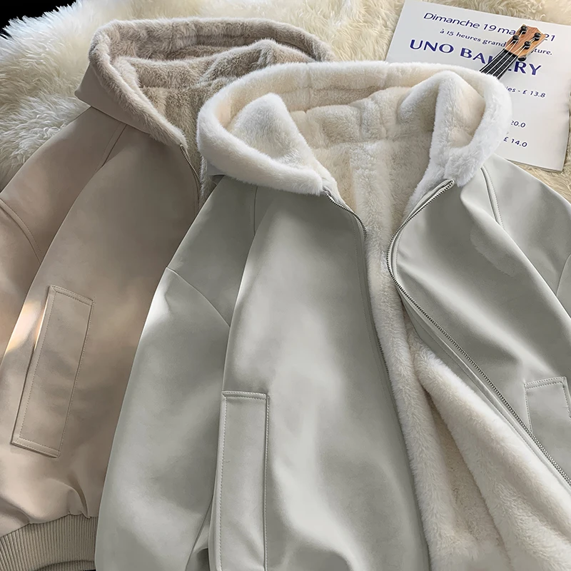 

American Sle Hooded Cotton Jaet Men's Winter Fce Lined Loose Haome Fur Collar Cotton Coat Warm Outerwear Trendy