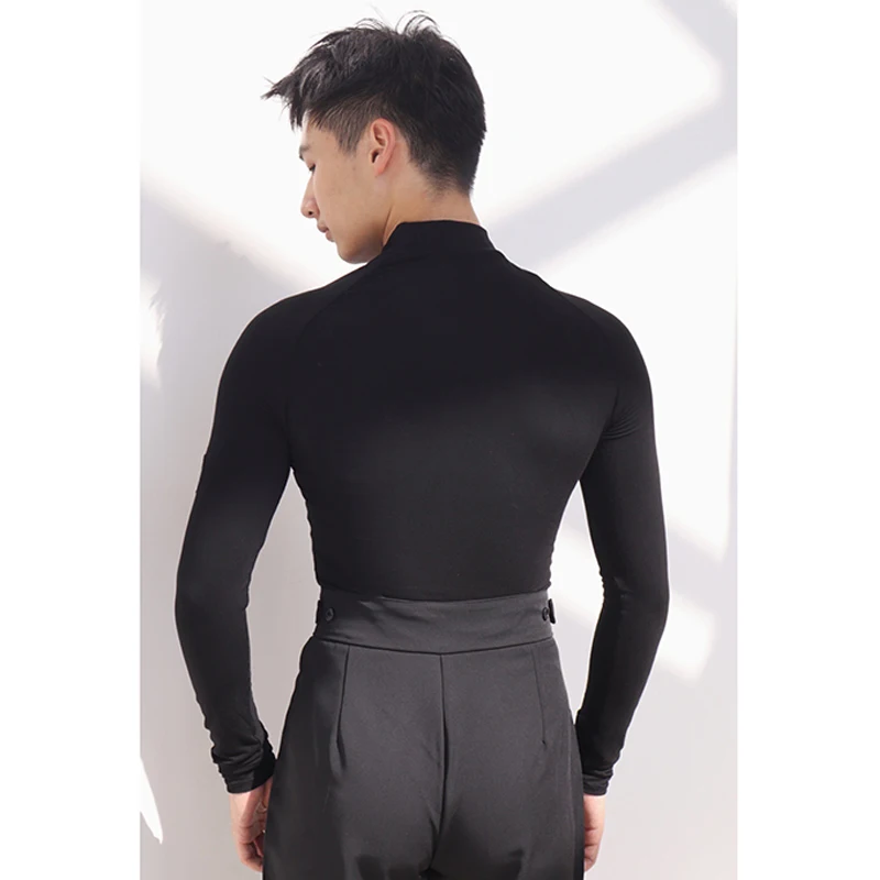 Men Latin Dance Competition Tops Long Sleeves Black High Collar Bodysuit Adult Male ChaCha Rumba Ballroom Dance Clothes DNV19439