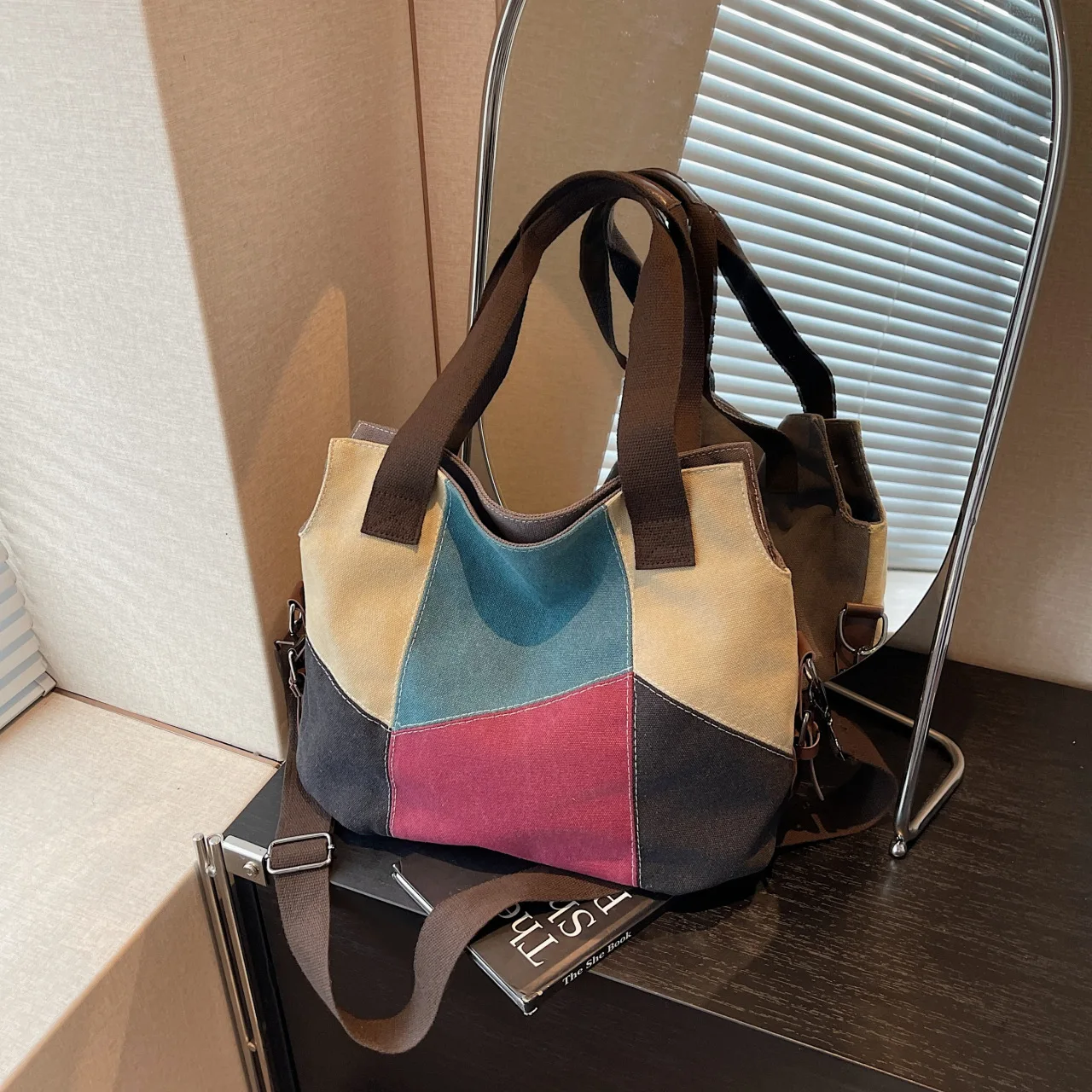 

2025 Canvas Tote Bag - Women's Fashion Contrast Color Shoulder Purse, Retro Patchwork Large Capacity Handbag