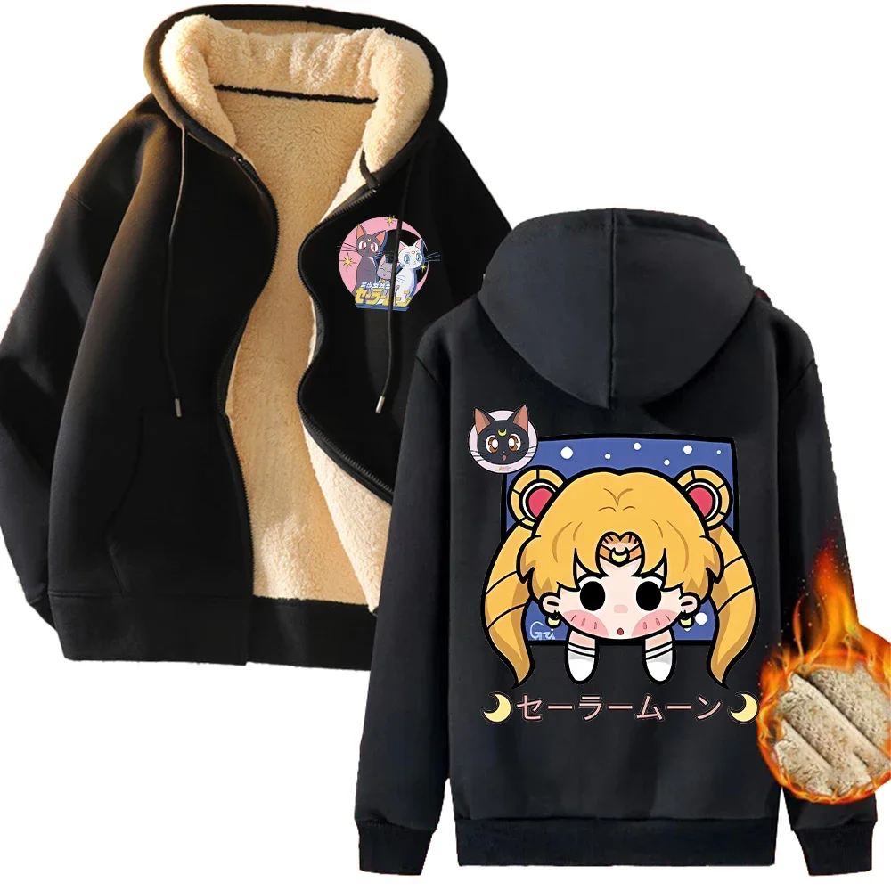 Sailor Moon Y2K Zip Up Hoodie Kawaii Cartoon Anime Printed Tops Casual Sports Long Sleeves Thickened Warm Jacket Winter Clothing