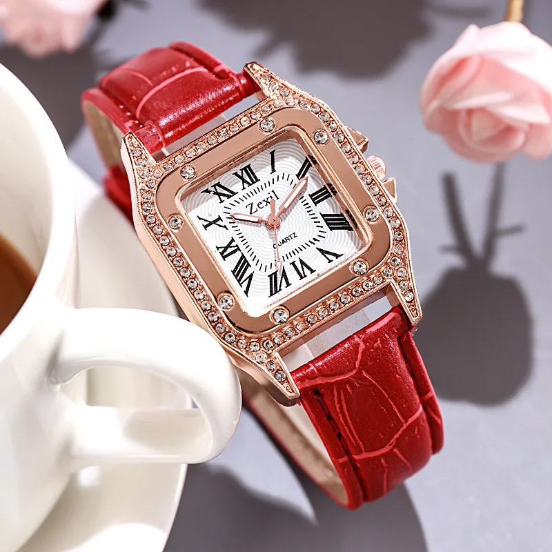 Rose Gold Diamond Studded Square Women Quartz Watch Roman Numeral Dial Luxurious Leather Strap Quartz Elegant Ladies Wristwatch