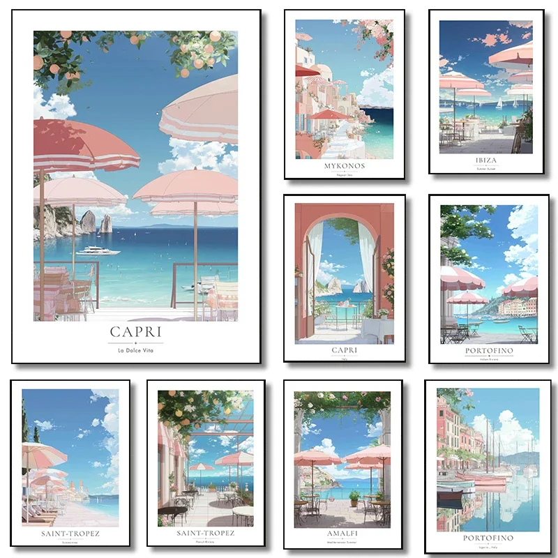 Mediterranean Coastal Capri Archway Poster Mykonos Aegean Terrace Travel Prints Canvas Painting Wall Art Picture Home Room Decor