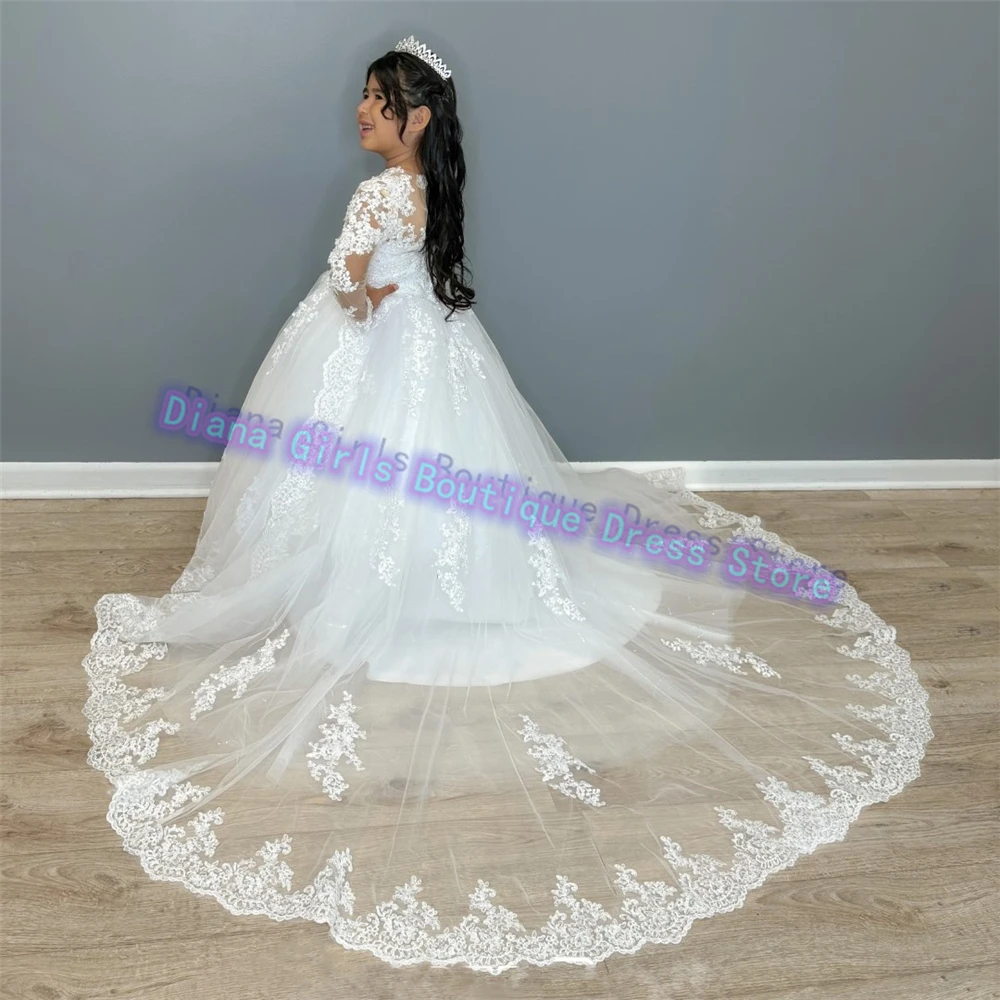 Elegant White Lace Prining Flower Girl Dress Fluffy Tulle Little Princess Ball First Communion Kids Birthday Present Customised