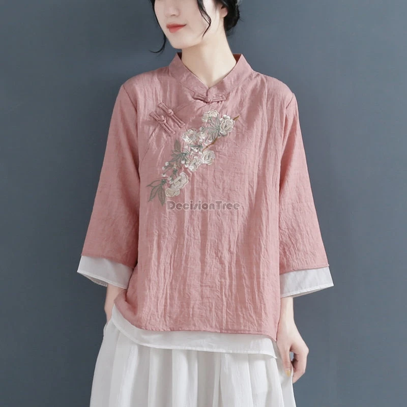 2024 new chinese style vintage improved qipao top lace patchwork cotton linen top elegant temperament embroidery lady blouse