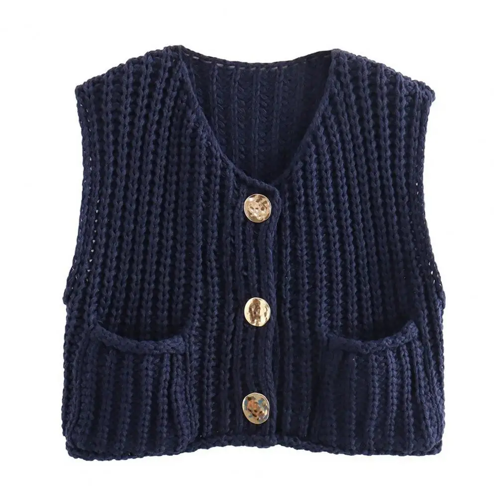 

Women Sweater Vest Button Down with Pockets V-neck Crochet Knit Cardigan