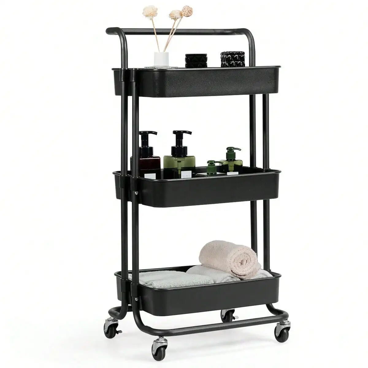 3 Tier Rolling Cart W/Wheels Practical Handle&ABS Basket Organizer Black Home